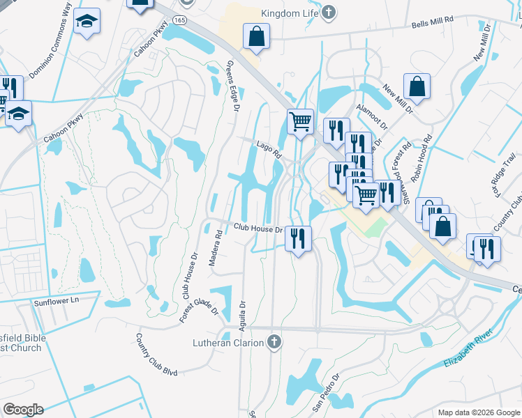 map of restaurants, bars, coffee shops, grocery stores, and more near 507 Aguila Drive in Chesapeake