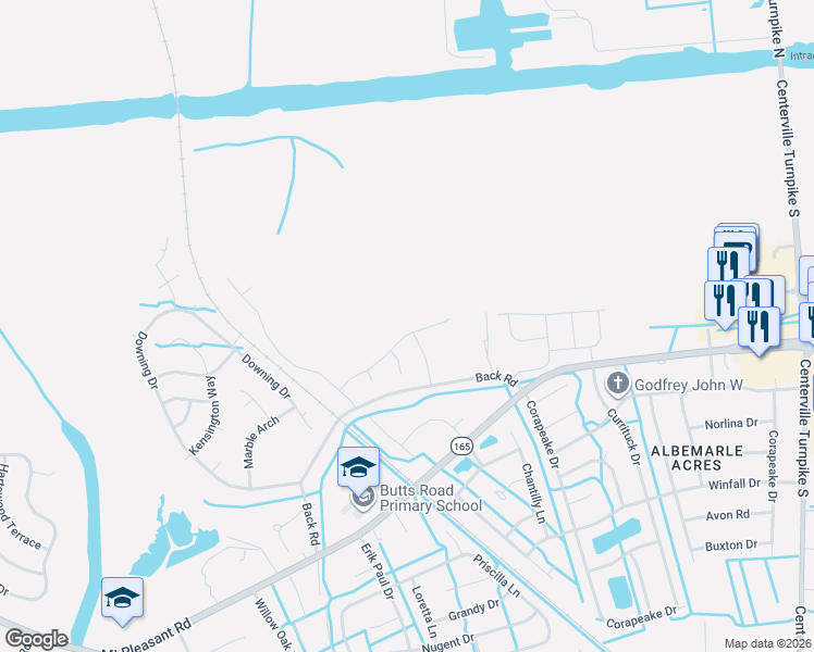 map of restaurants, bars, coffee shops, grocery stores, and more near 1200 Back Road in Chesapeake