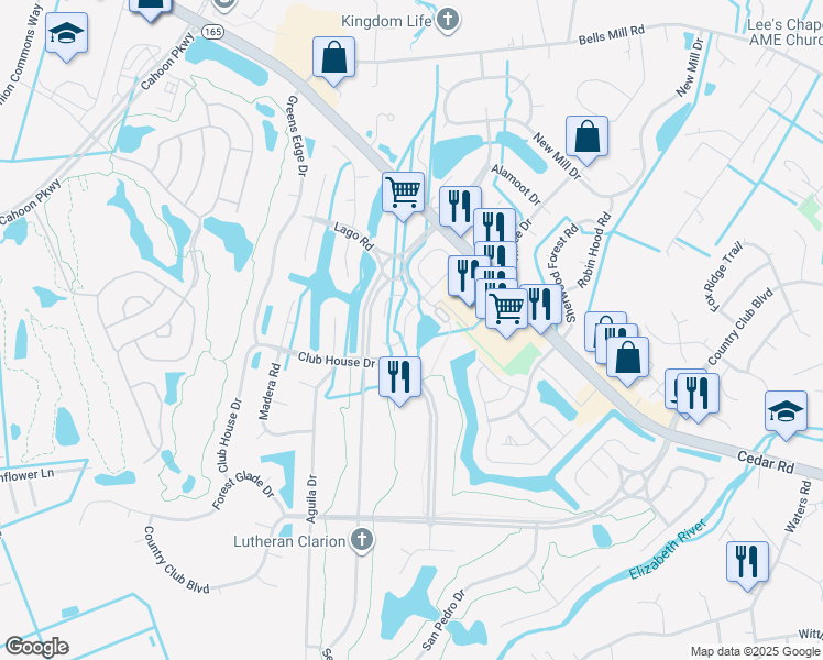 map of restaurants, bars, coffee shops, grocery stores, and more near 615 Brisa Court in Chesapeake