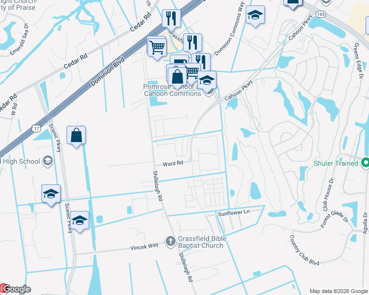 map of restaurants, bars, coffee shops, grocery stores, and more near 1619 Catbird in Chesapeake