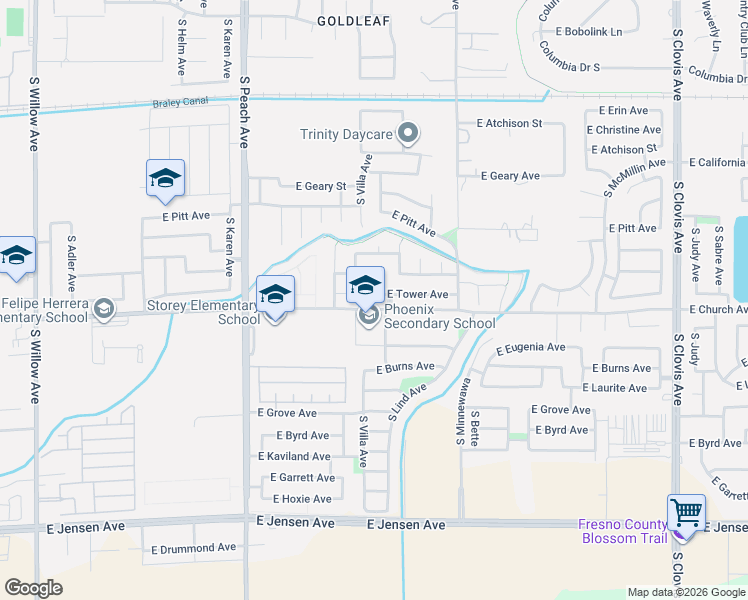 map of restaurants, bars, coffee shops, grocery stores, and more near 5331 East Tower Avenue in Fresno