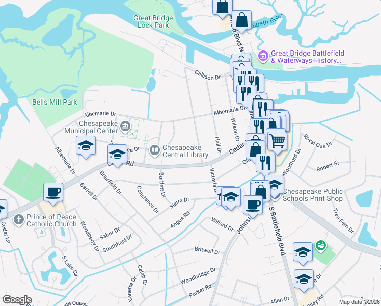 map of restaurants, bars, coffee shops, grocery stores, and more near 224 Mann Drive in Chesapeake