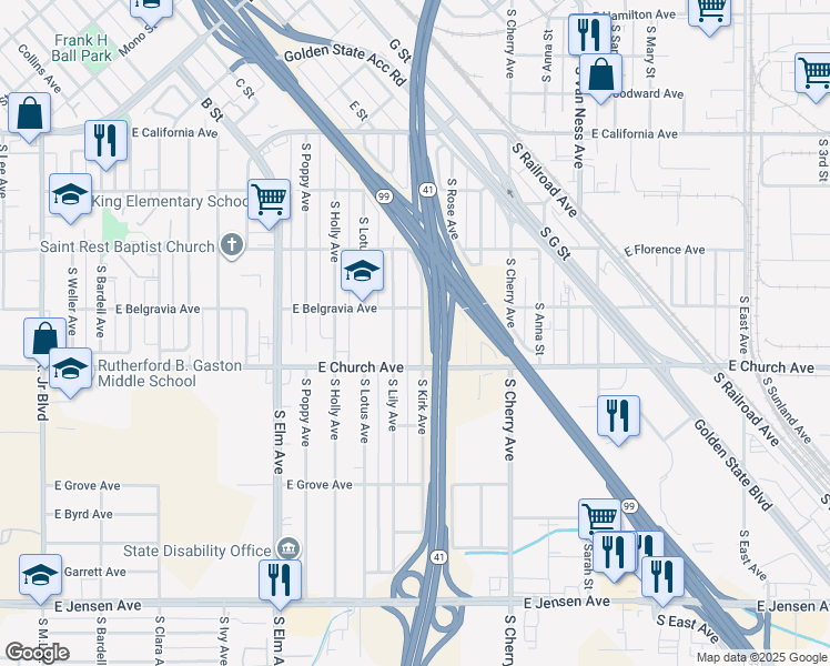 map of restaurants, bars, coffee shops, grocery stores, and more near 2364 South Kirk Avenue in Fresno