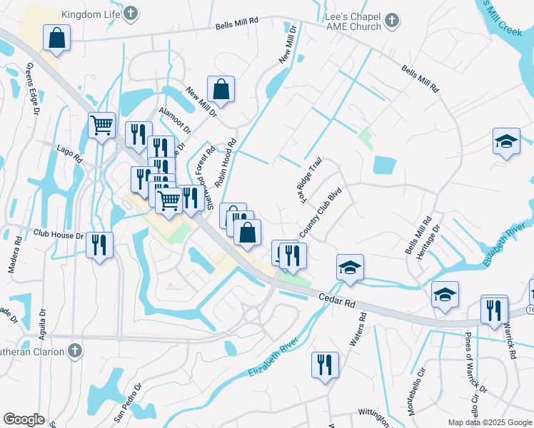 map of restaurants, bars, coffee shops, grocery stores, and more near 921 Larkspur Lane in Chesapeake