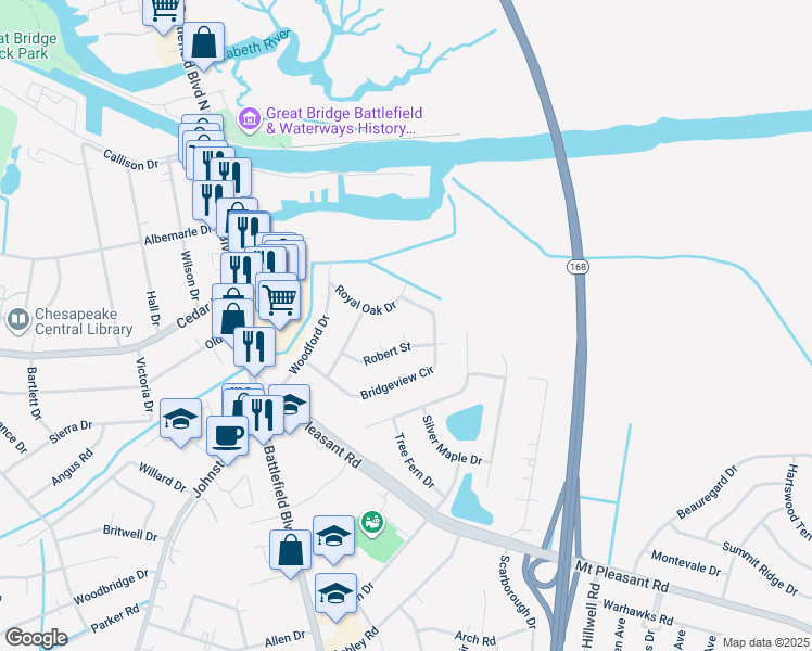 map of restaurants, bars, coffee shops, grocery stores, and more near 206 Robert Court in Chesapeake