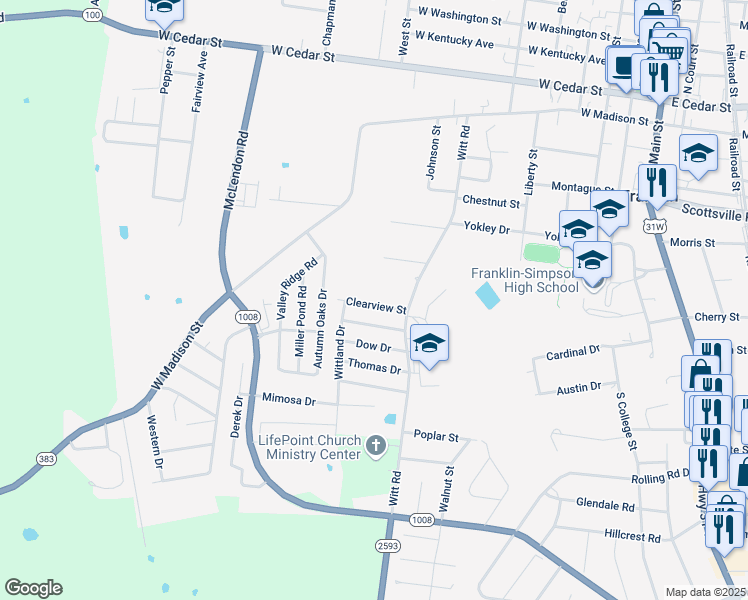 map of restaurants, bars, coffee shops, grocery stores, and more near 510 Clearview Street in Franklin