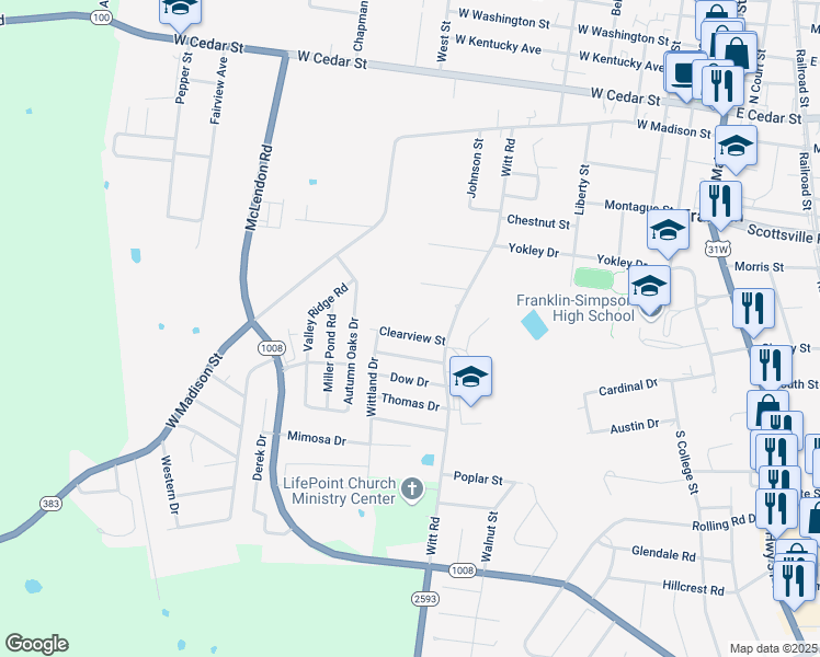 map of restaurants, bars, coffee shops, grocery stores, and more near 510 Clearview Street in Franklin