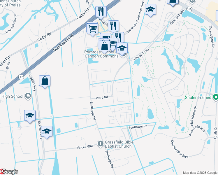 map of restaurants, bars, coffee shops, grocery stores, and more near 1619 Catbird in Chesapeake