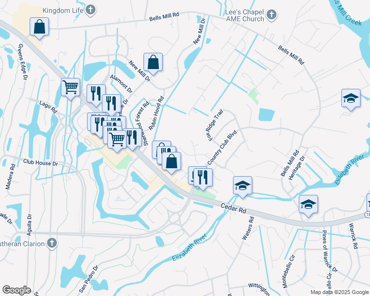 map of restaurants, bars, coffee shops, grocery stores, and more near 921 Larkspur Lane in Chesapeake
