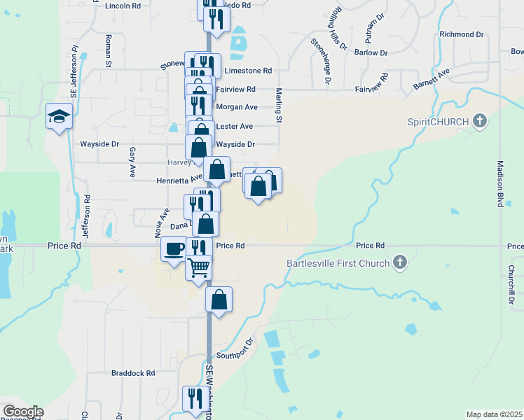 map of restaurants, bars, coffee shops, grocery stores, and more near 2350 Southeast Washington Boulevard in Bartlesville
