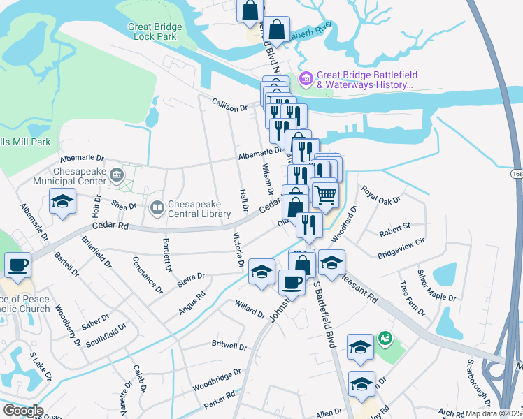 map of restaurants, bars, coffee shops, grocery stores, and more near 116 Cedar Road in Chesapeake