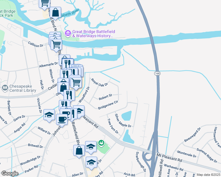 map of restaurants, bars, coffee shops, grocery stores, and more near 206 Robert Court in Chesapeake