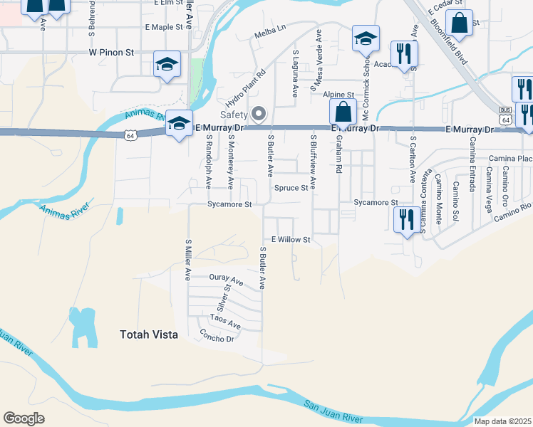 map of restaurants, bars, coffee shops, grocery stores, and more near 1412 South Butler Avenue in Farmington