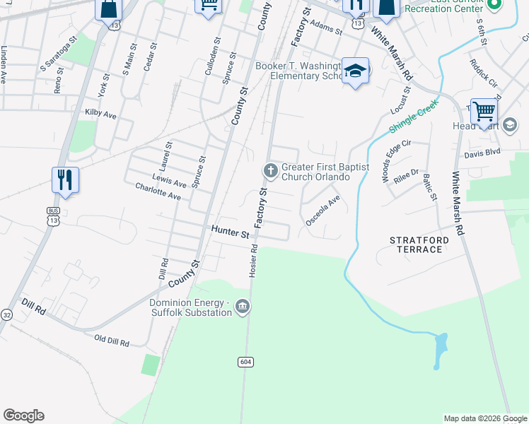 map of restaurants, bars, coffee shops, grocery stores, and more near 702 County Road 604 in Suffolk