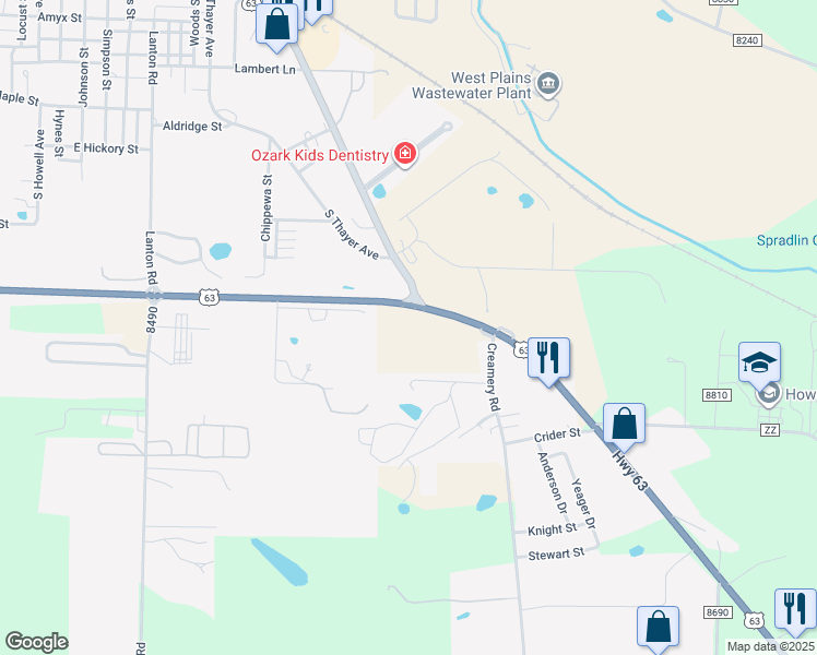 map of restaurants, bars, coffee shops, grocery stores, and more near 1521 U.S. 63 in West Plains