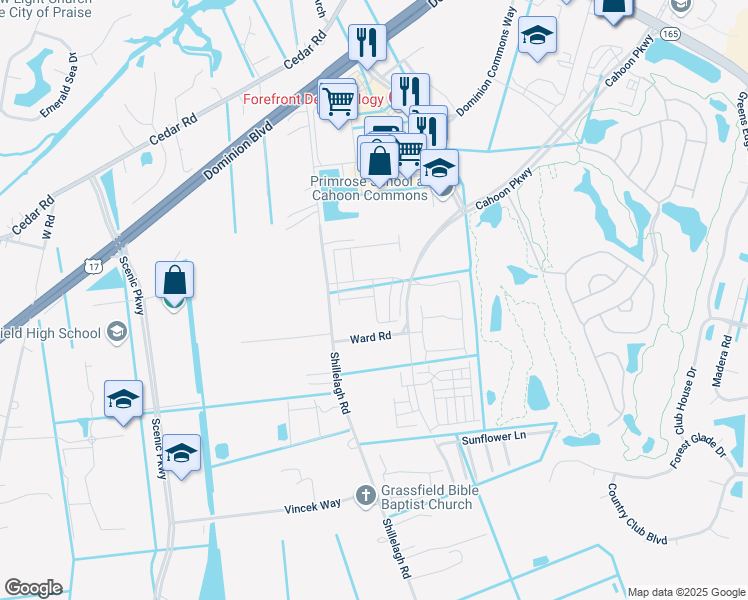 map of restaurants, bars, coffee shops, grocery stores, and more near in Chesapeake