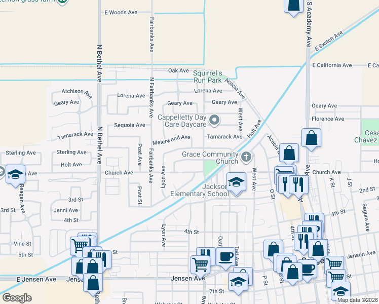 map of restaurants, bars, coffee shops, grocery stores, and more near 2159 Sterling Ave in Sanger