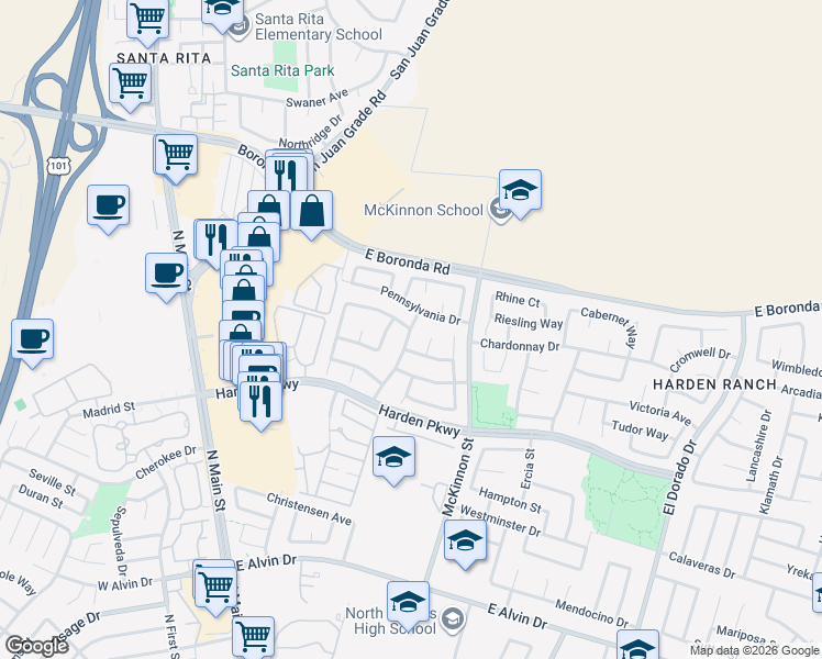 map of restaurants, bars, coffee shops, grocery stores, and more near Delancey Drive & Broadway Drive in Salinas