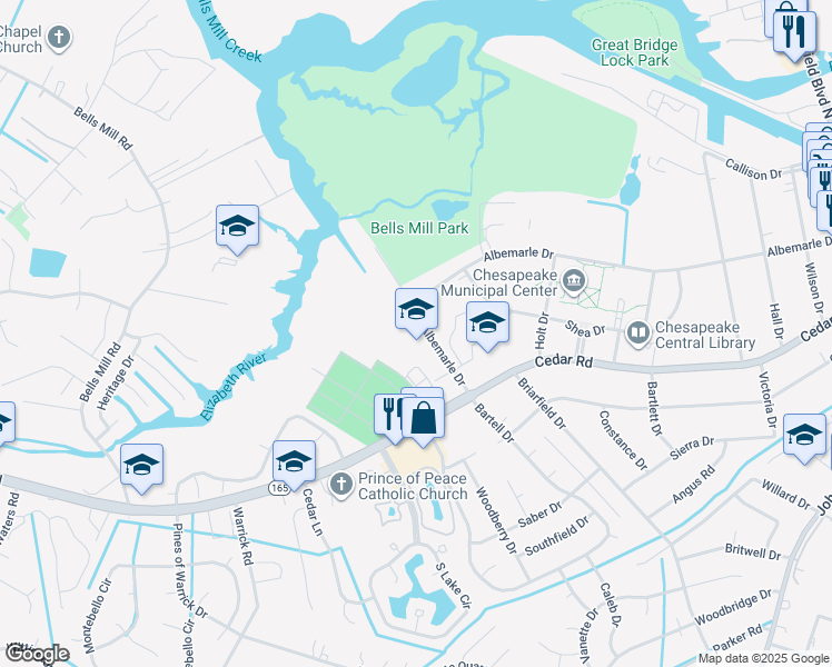 map of restaurants, bars, coffee shops, grocery stores, and more near 508 Albemarle Drive in Chesapeake
