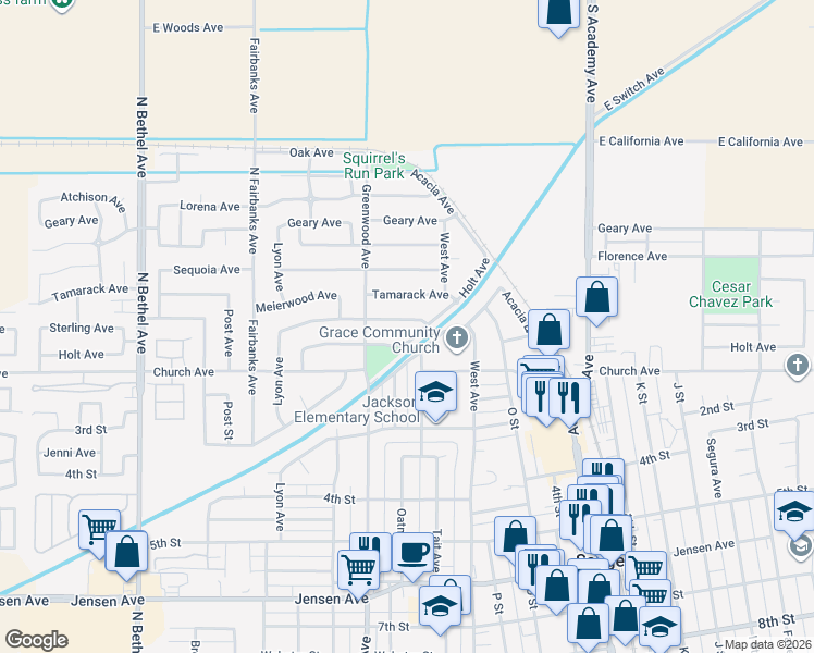 map of restaurants, bars, coffee shops, grocery stores, and more near 1911 Sterling Avenue in Sanger