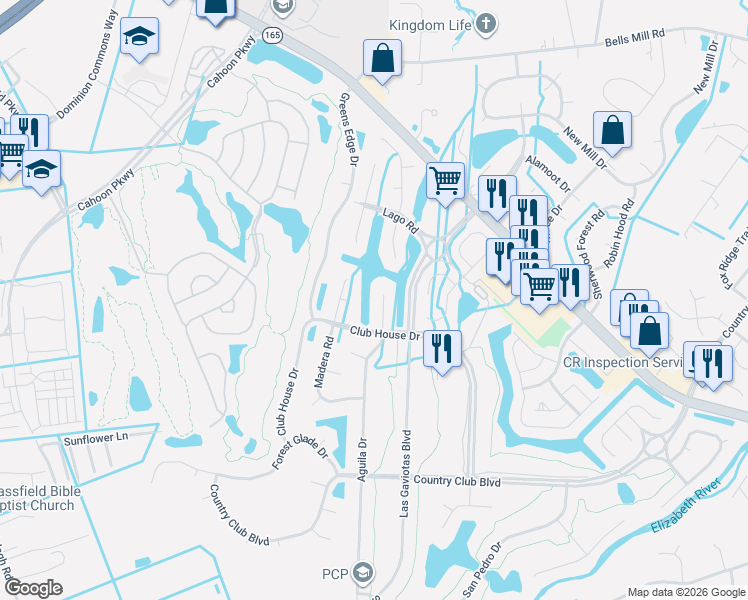 map of restaurants, bars, coffee shops, grocery stores, and more near 50 Aguila Drive in Chesapeake