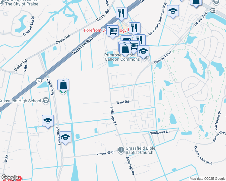 map of restaurants, bars, coffee shops, grocery stores, and more near 796 Shillelagh Road in Chesapeake