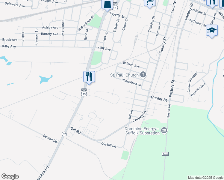 map of restaurants, bars, coffee shops, grocery stores, and more near 503 Valor Court in Suffolk