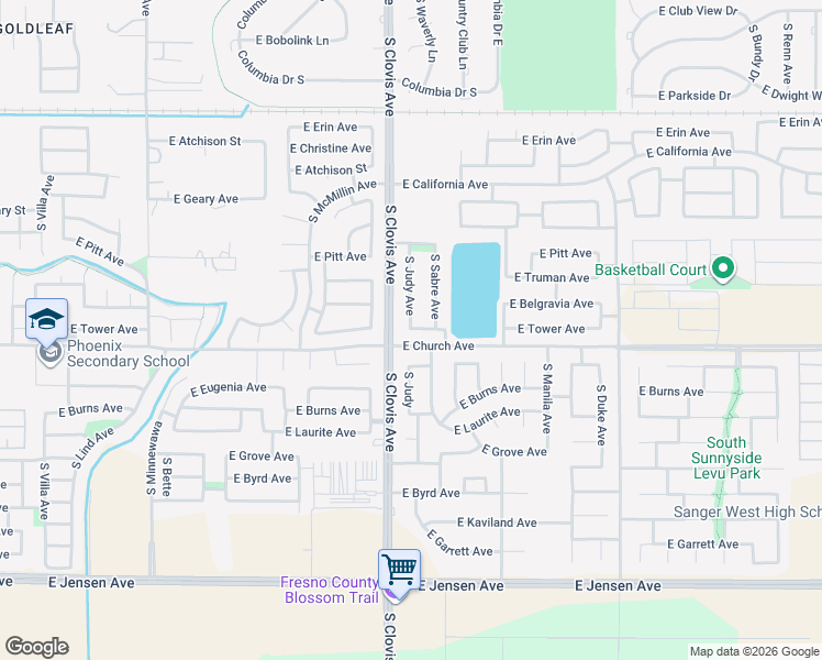 map of restaurants, bars, coffee shops, grocery stores, and more near 2380 South Sabre Avenue in Fresno