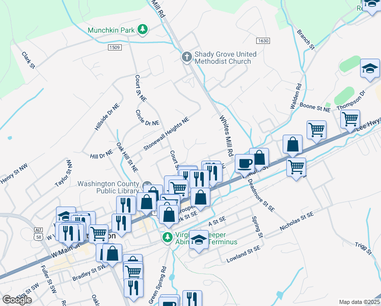map of restaurants, bars, coffee shops, grocery stores, and more near 250 Barter Drive Northeast in Abingdon