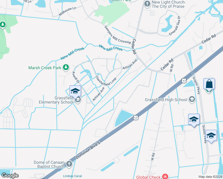 map of restaurants, bars, coffee shops, grocery stores, and more near 1000 Green Sea Trail in Chesapeake