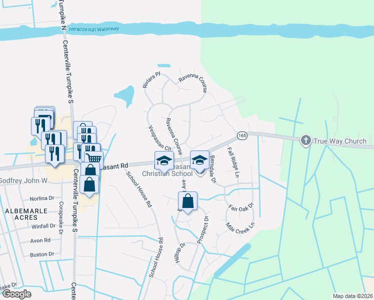 map of restaurants, bars, coffee shops, grocery stores, and more near 1603 Cicero Court in Chesapeake