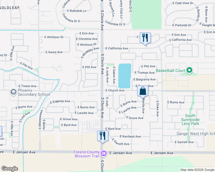 map of restaurants, bars, coffee shops, grocery stores, and more near 2380 South Sabre Avenue in Fresno