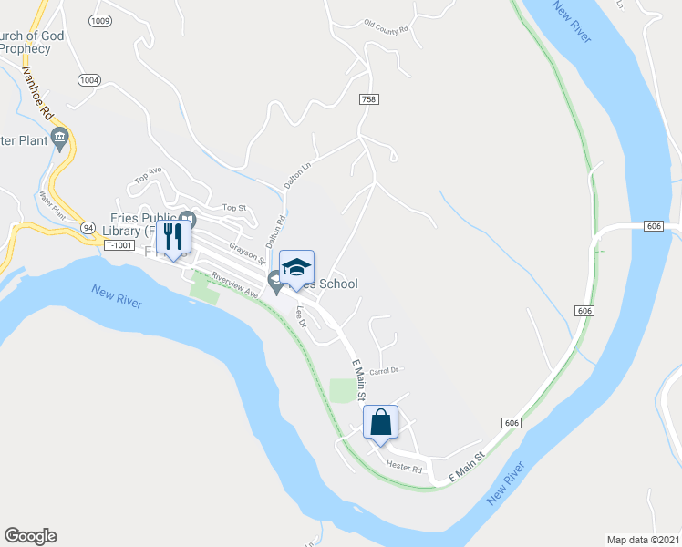 map of restaurants, bars, coffee shops, grocery stores, and more near Riverview Apartments in Fries