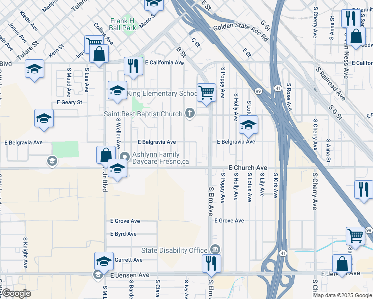 map of restaurants, bars, coffee shops, grocery stores, and more near 2367 South Ivy Avenue in Fresno