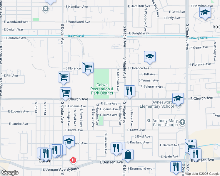 map of restaurants, bars, coffee shops, grocery stores, and more near 2356 South Jackson Avenue in Fresno