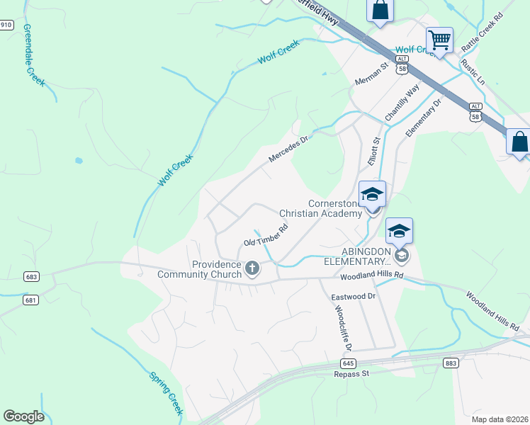 map of restaurants, bars, coffee shops, grocery stores, and more near 16364 Old Timber Road in Abingdon