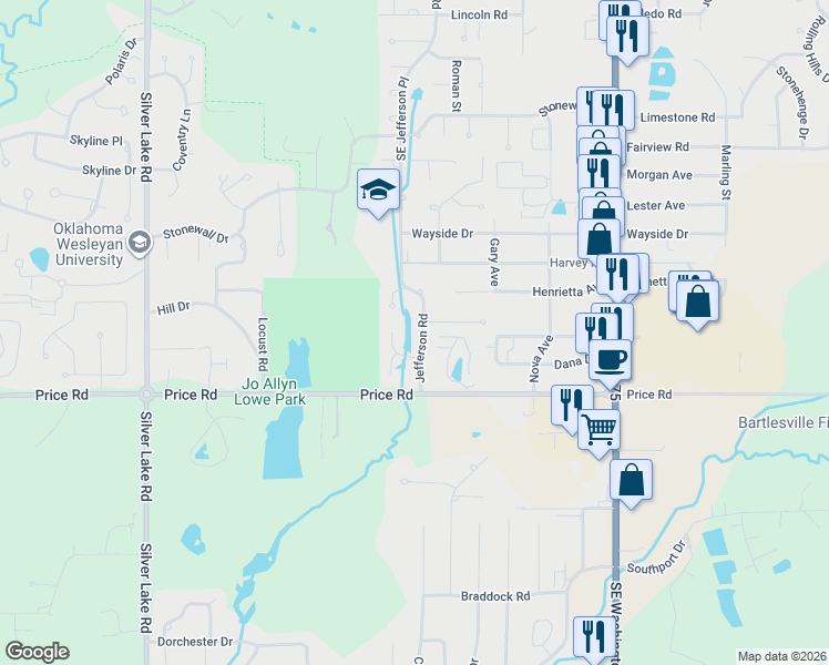 map of restaurants, bars, coffee shops, grocery stores, and more near 2403 Jefferson Road in Bartlesville