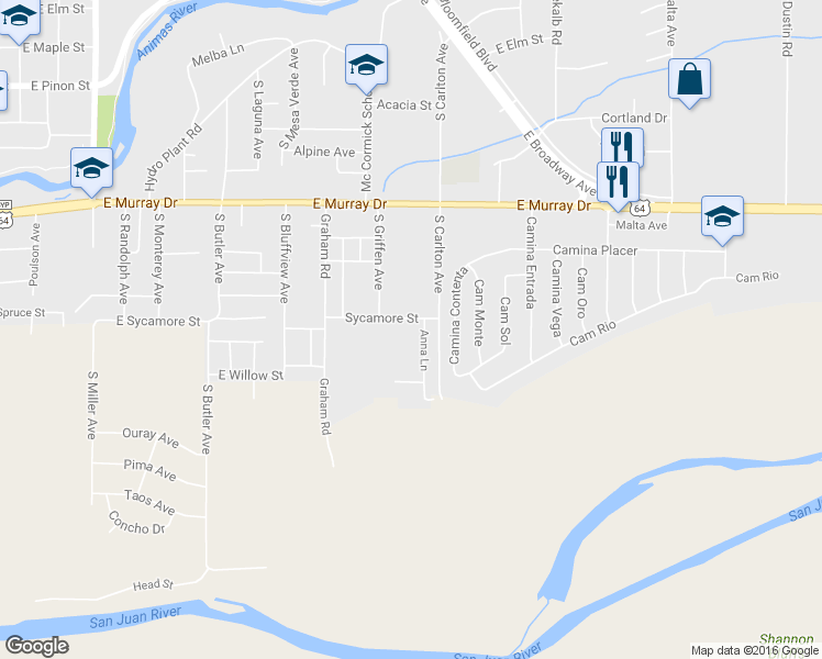 map of restaurants, bars, coffee shops, grocery stores, and more near 1295 Sycamore Street in Farmington