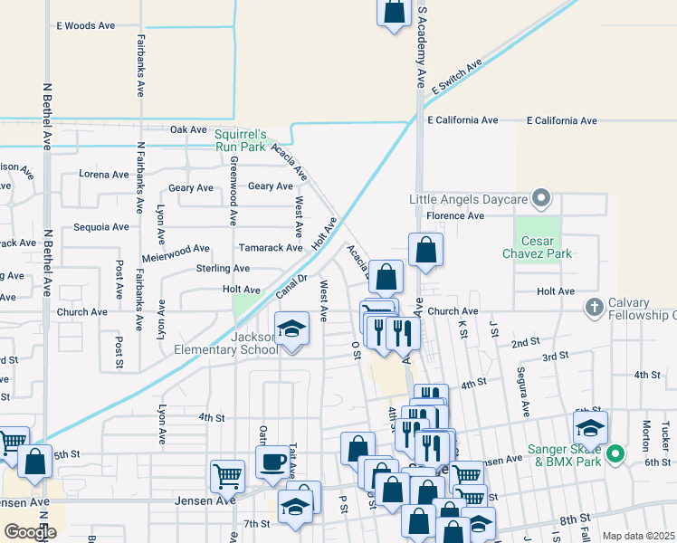 map of restaurants, bars, coffee shops, grocery stores, and more near 61 O Street in Sanger