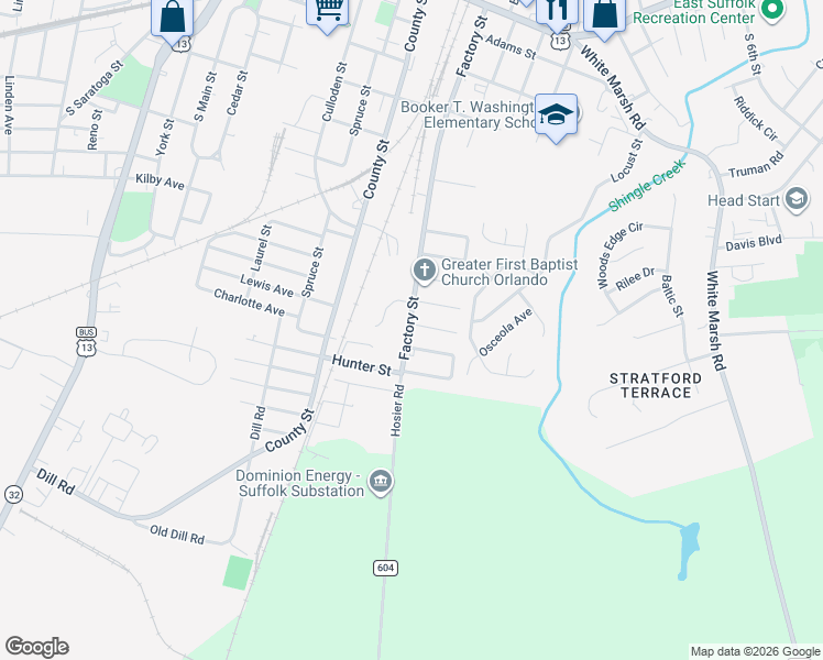map of restaurants, bars, coffee shops, grocery stores, and more near 702 County Road 604 in Suffolk