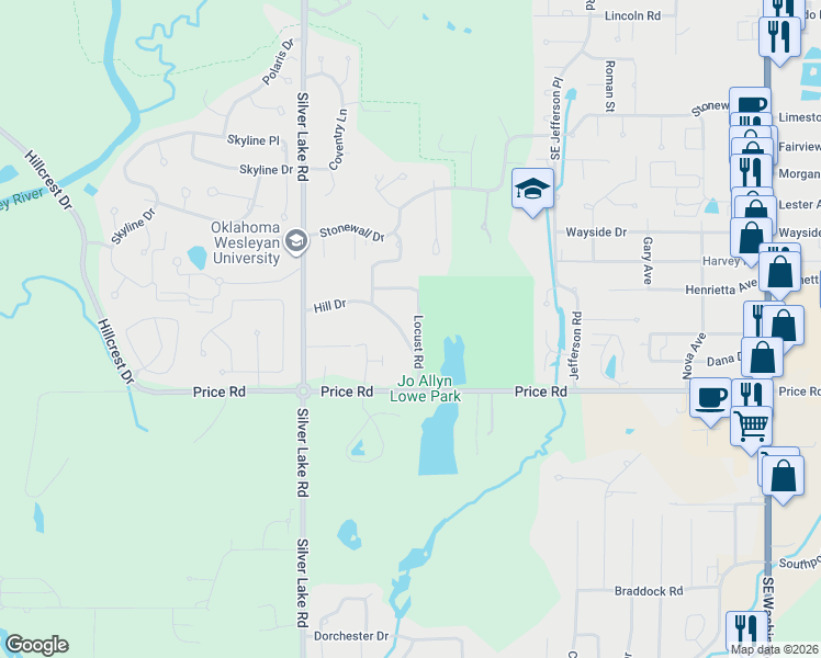 map of restaurants, bars, coffee shops, grocery stores, and more near 2435 Locust Road in Bartlesville