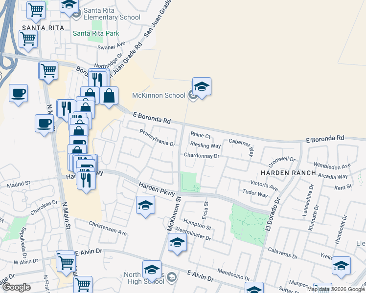 map of restaurants, bars, coffee shops, grocery stores, and more near 10 Rhine Circle in Salinas