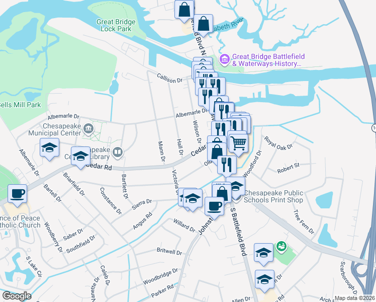 map of restaurants, bars, coffee shops, grocery stores, and more near 237 Hall Drive in Chesapeake