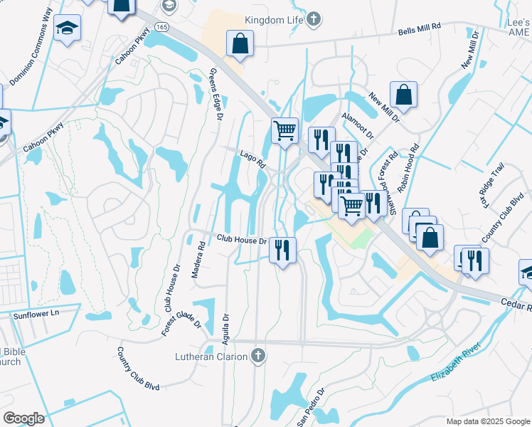 map of restaurants, bars, coffee shops, grocery stores, and more near 754 Sendero Court in Chesapeake