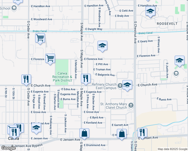 map of restaurants, bars, coffee shops, grocery stores, and more near 4644 East Belgravia Avenue in Fresno