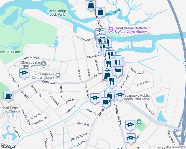 map of restaurants, bars, coffee shops, grocery stores, and more near 237 Hall Drive in Chesapeake