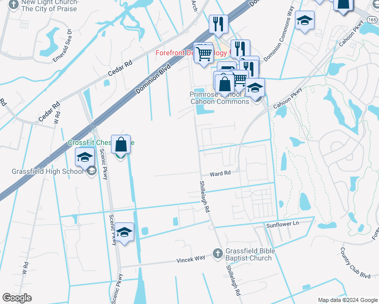 map of restaurants, bars, coffee shops, grocery stores, and more near 780 Shillelagh Road in Chesapeake