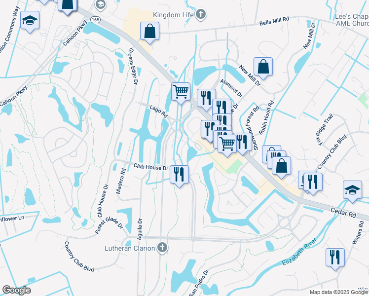 map of restaurants, bars, coffee shops, grocery stores, and more near 615 Brisa Court in Chesapeake