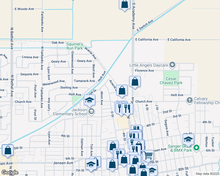map of restaurants, bars, coffee shops, grocery stores, and more near 61 O Street in Sanger