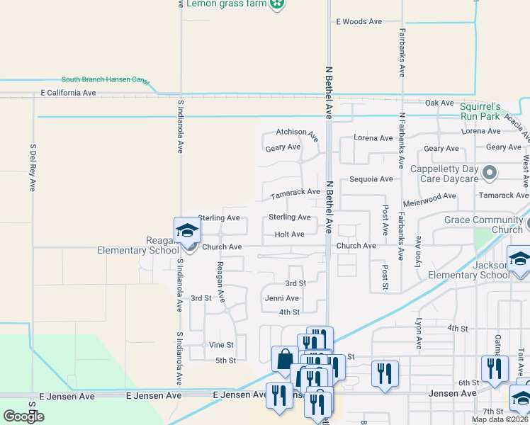 map of restaurants, bars, coffee shops, grocery stores, and more near 113 Dalton Avenue in Sanger